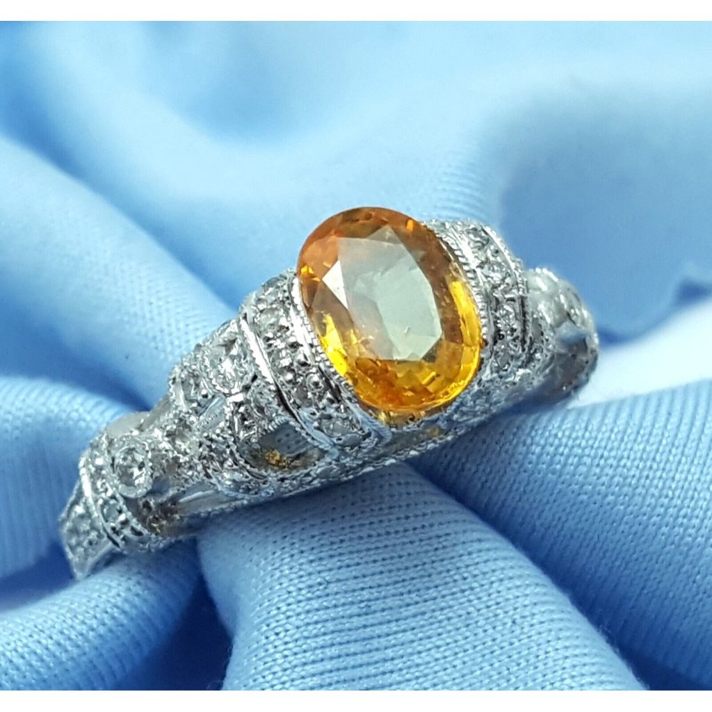18k White Gold Designer Corrundum Heated Yellow Sapphire  Round Diamond Ring